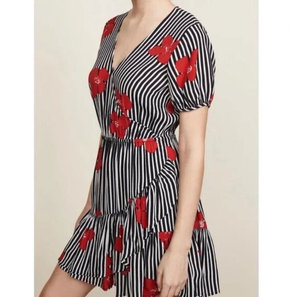 Madewell Dresses & Skirts - Madewell Black & White Stripe Red Floral Wrap Dress- Ruffle Skirt- Size 8
